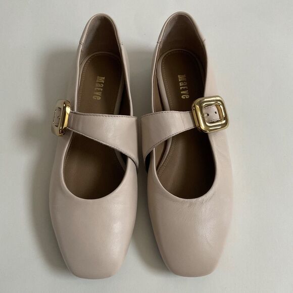 Maeve Shoes - Maeve Buckle Leather Square Toe Ballet Mary Jane Flats Sz 37 Beige Minimalist